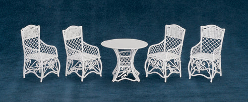 Round Table & 4 Chairs, White Wire Wicker