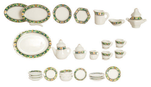 Tea Set, 35pc, Green & Coral