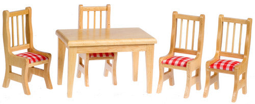 Table & 4 Chairs, Oak, Red Plaid