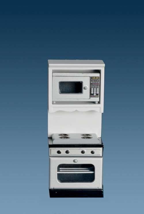 White Cabinet with Kitchen Stove with Silver Microwave