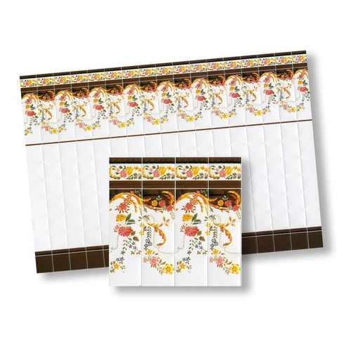 Mediterranean Wall Tile, White, Black Floral Garland