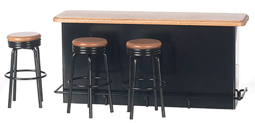 1950's Counter with 3 Stools, Black & Oak