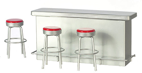 1950s Counter & 3 Stools, Silver & Red