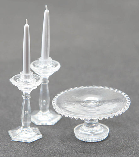 Cake Plate with 2 Candlesticks, Clear