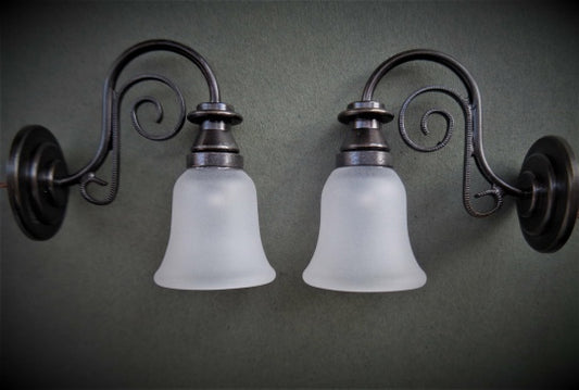 Frosted Bell Shade Sconces, Pair, Large Scroll