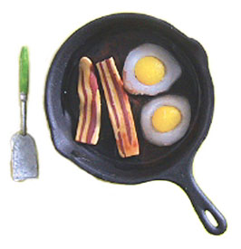 Eggs & Bacon In Frying Pan with Spatula