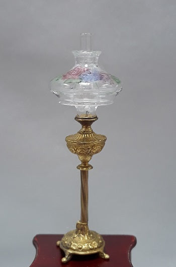 Tall Brass Base Lamp, Clear Shade, Handpainted