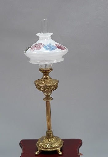 Tall Brass Base Lamp, Frosted Shade, Handpainted