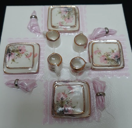 Square Dish Set, Pink Flower