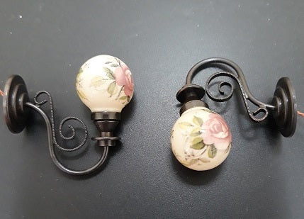 Sconce Large Scroll, Frosted Pink Rose Ball Shade, Pair
