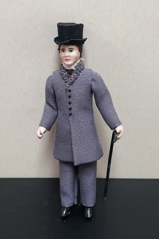 1/2" Scale Victorian Man with Gray Suit, Hat, Cane