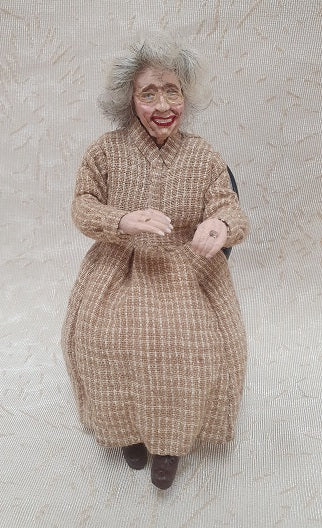 Elderly Lady Sitting, Tan Dress