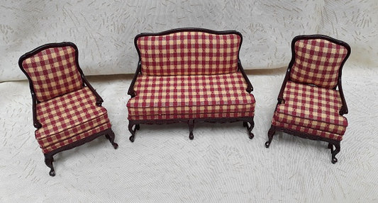 CBB026, Amise French Country Living Room Set, Red, Cream, Plaid, Mahogany