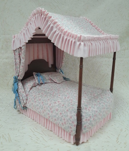 Canopy Bed, New Walnut, Pink Floral