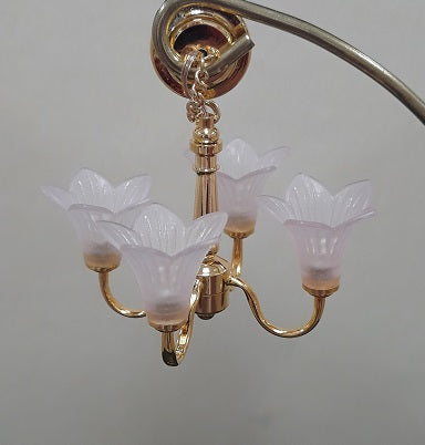 4-Arm Pink Shade Brass Chandelier