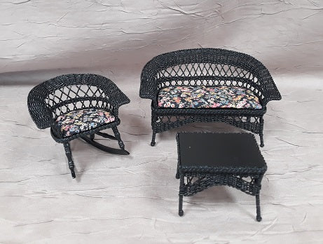 Woven Wicker Sofa Set, 3pc, Black