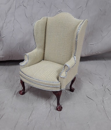 Wing Chair, Tan, Blue, Mahogany