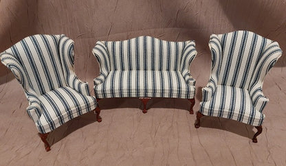 CBB195, Sofa & 2 Chairs, Blue Denim, Mahogany