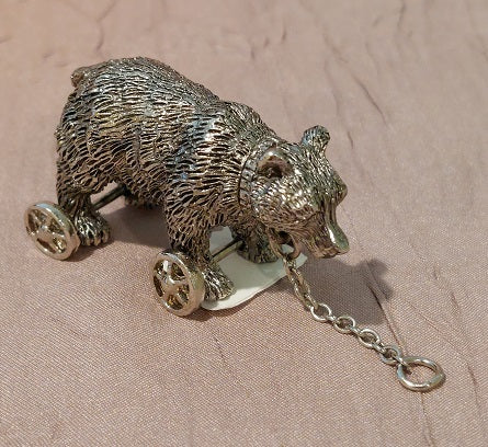 Bear on Wheels Pull Toy, Silver