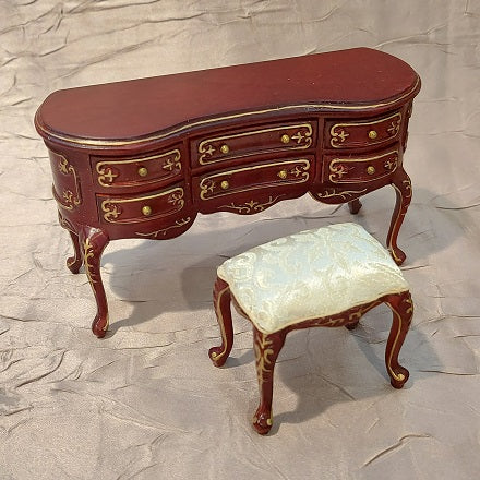 Vanity Dresser & Stool, Mahogany & Gold