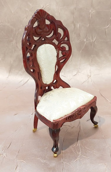 Carved Victorian Side Chair, White Brocade, Mahogany