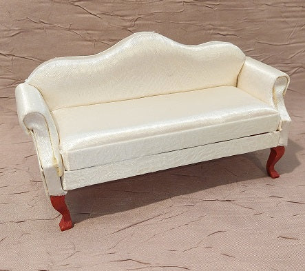 Queen Anne Sofa, Satin White, Mahogany