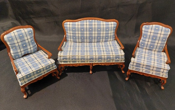 CMS008, Amise French Country Sofa, Blue, Cream, Plaid, New Walnut