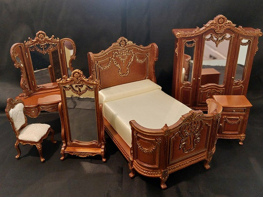 Victorian Bedroom Set, 6pc, Walnut/Gold