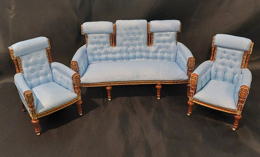 French Settee & Arm Chairs, 3pc, Walnut, Blue