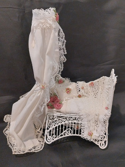 White Iron Wicker Crib, Dressed