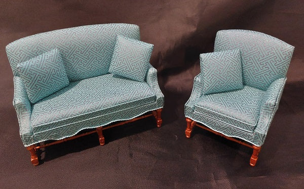 Jacobean Settee & Chair, Blue, Walnut