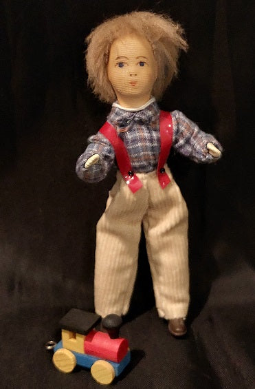 Boy Doll, Plaid Shirt & Toy Train