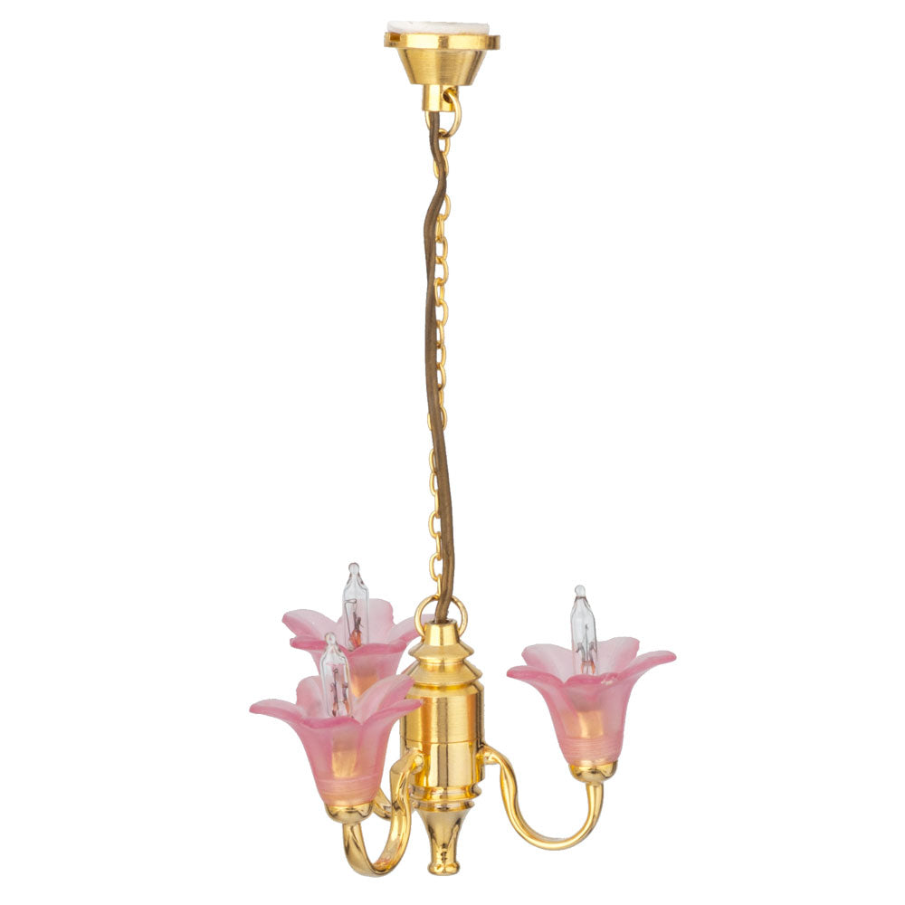 3 Up-Arm Chandelier, Pink Tulip Shades