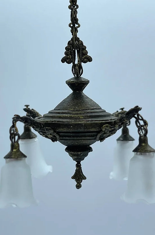 4-Arm Antique Bronze Style Chandelier, Frosted Tulip Shades