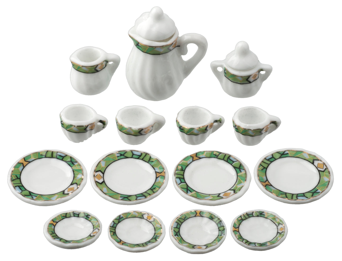 Table Tea Set, Green & White, 17pc