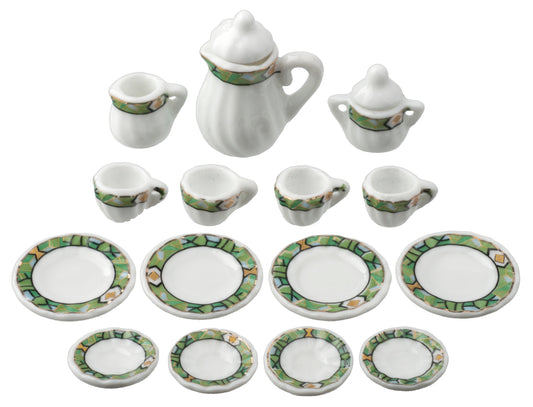 Table Tea Set, Green & White, 17pc