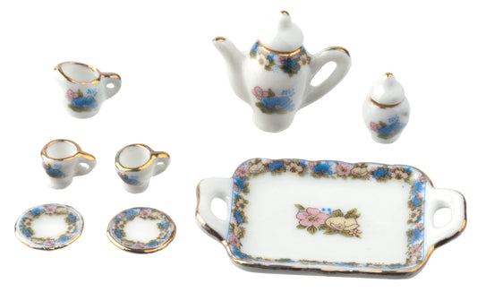 Floral Tea Set, Blue, Pink, 10pc
