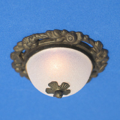 Bronze Ceiling Fixture with Floral Base & Frosted Shade