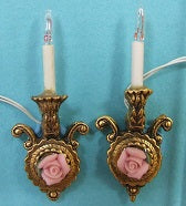 Rose Sconces in Pink, Brass, Pair