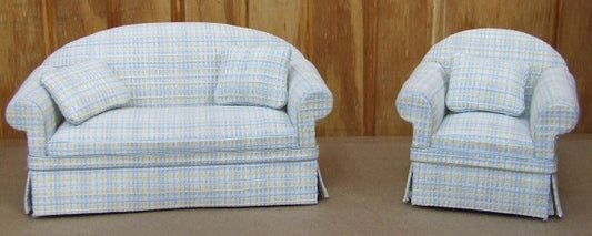 Blue, Yellow Plaid Sofa & Chair