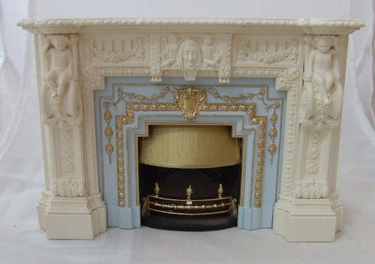 Victorian Fireplace, White & Blue