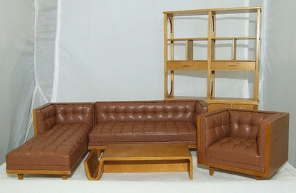 Modern Living Room Set, Leather/Walnut