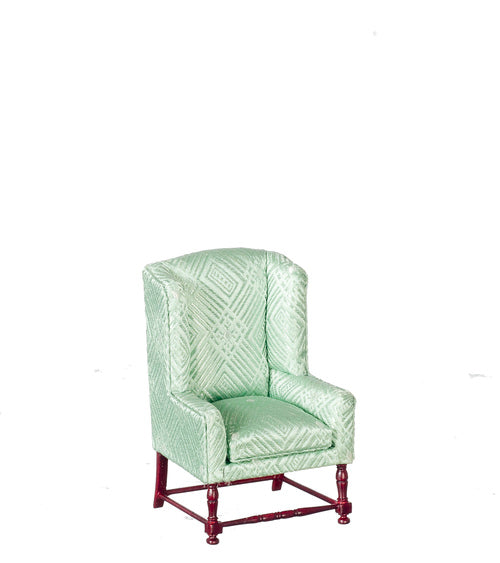 Fully Upholstered Wing Chair, Soft Green Silk, Mahognay