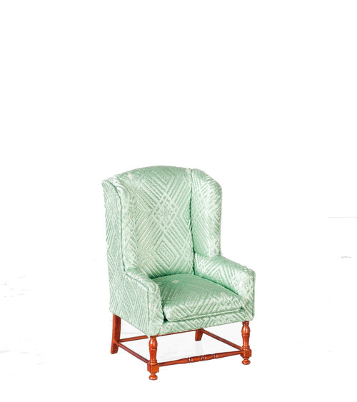 Fully Upholstered Wing Chair, Soft Green Silk, Walnut