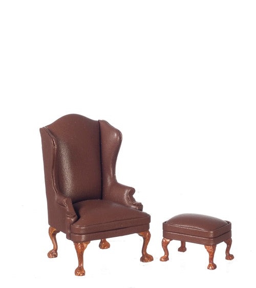 Queen Anne Easy Chair with Stool, Brown