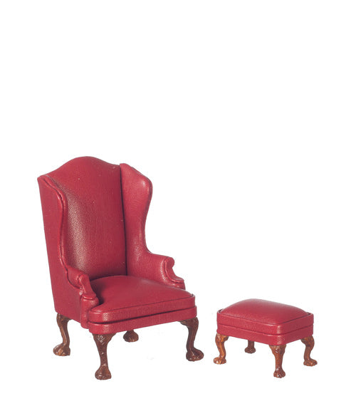 Queen Anne Easy Chair with Stool, Red