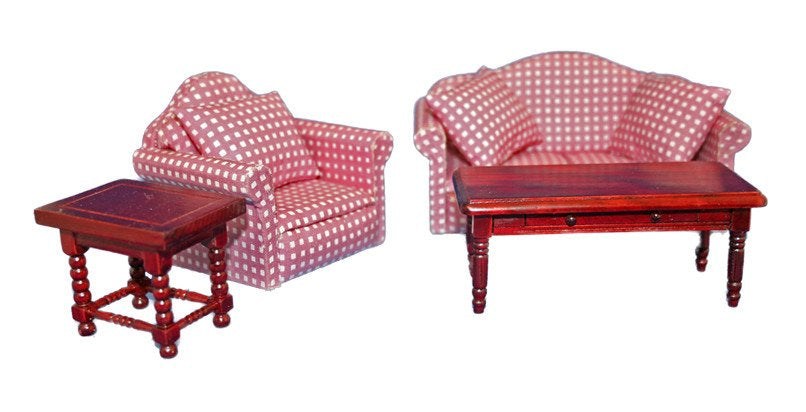 Pink Checkered Living Room Set, 4pc, Mahogany