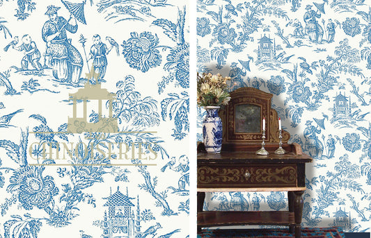 Ying Toile Blue Wallpaper