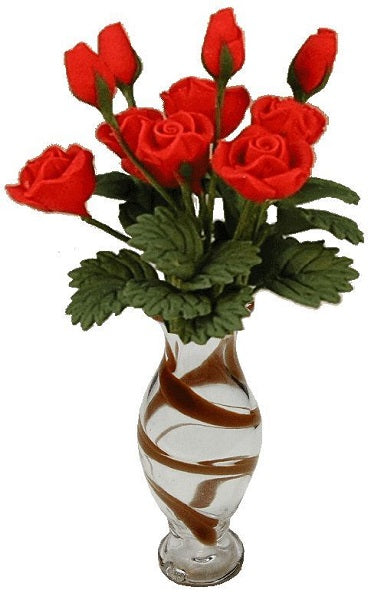 Dozen Red Roses in Brown Stripe Vase