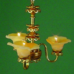 3-Light Brass Chandelier, Yellow Shades